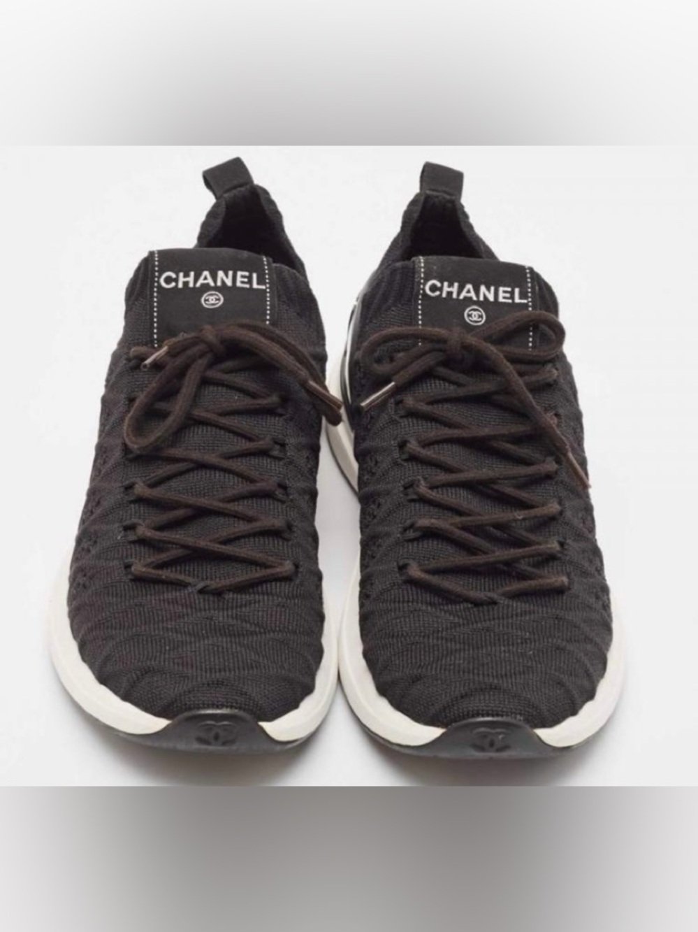 Authentic CHANEL Black ribbed knit lace up sneakers 38 1/2 - Picture 2 of 16